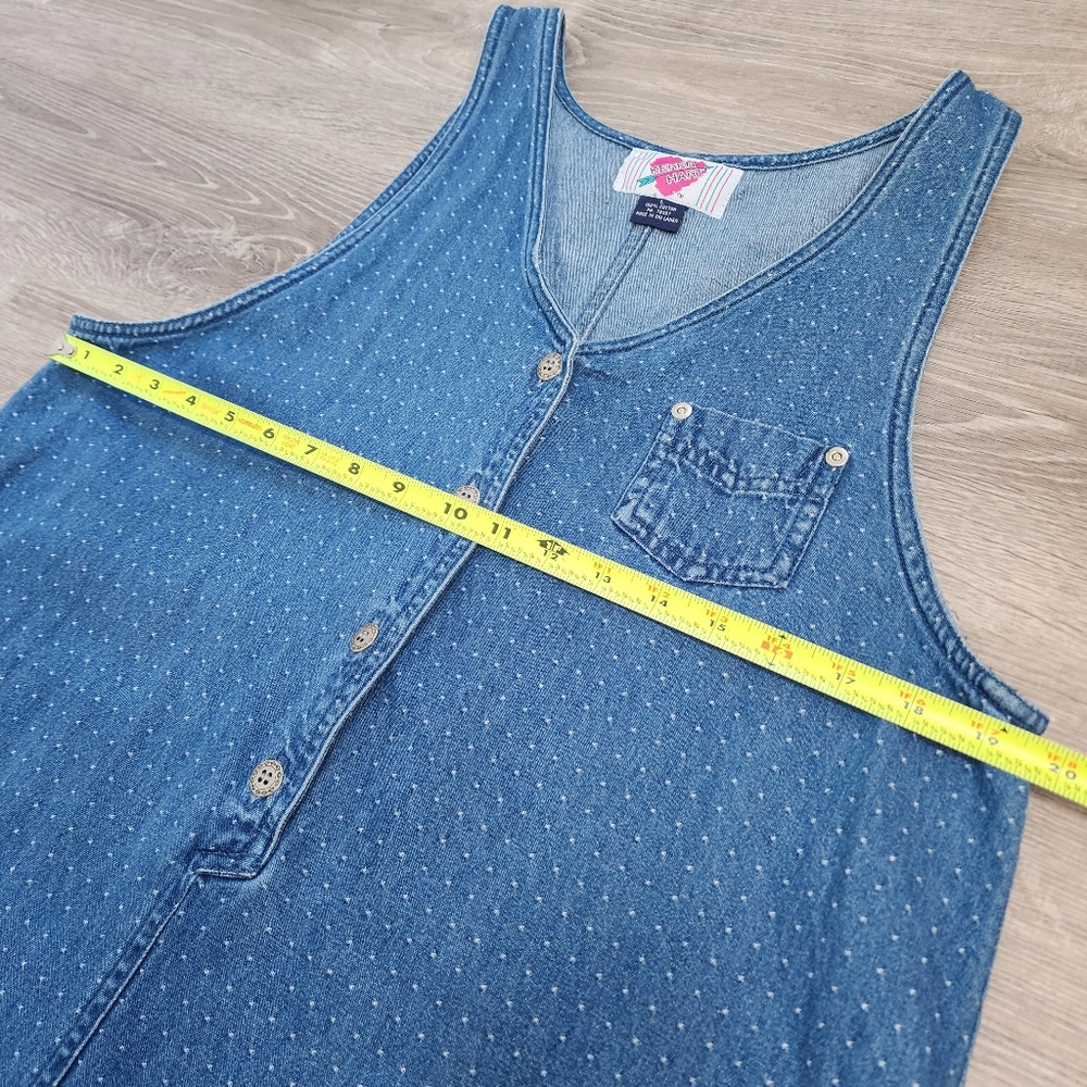 VINTAGE KEREN HART Denim Jean White Polka Dot Maxi Sleeveless Dress - Picture 5 of 11